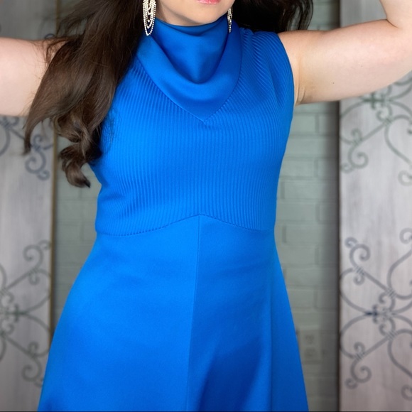 1970s Leslie Fay Blue Long Stretch Knit Maxi Dress - Picture 6 of 15